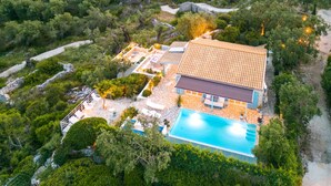 Vista aérea de una villa con piscina, rodeada de exuberante vegetación y senderos de piedra.