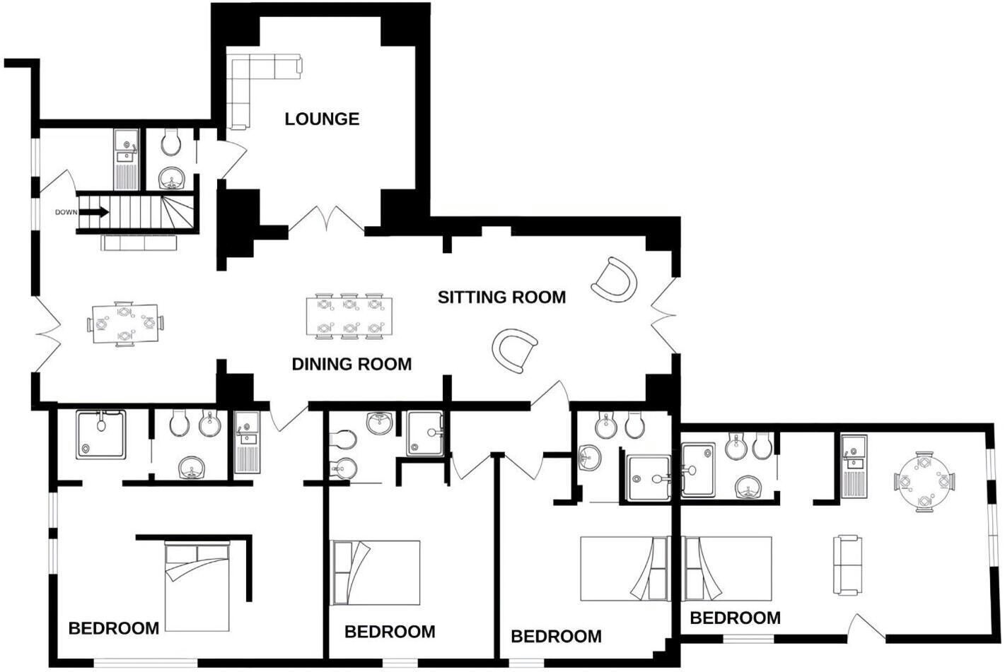 Een plattegrond van een hotel met een lounge, een eetzaal, een zithoek en drie slaapkamers.