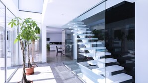 Ein modernes Interieur mit einer Glasstairnase, Topfpflanzen und einer Küchenzeile.