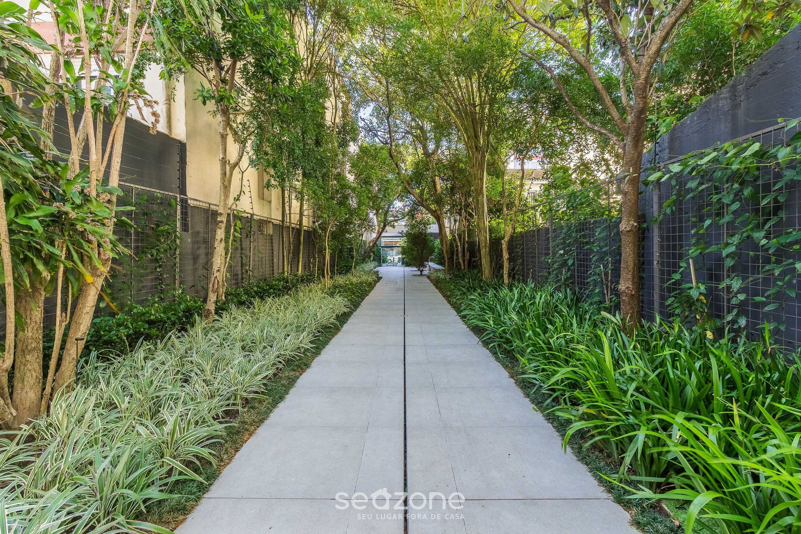 Um caminho ladeado por vegetação exuberante e árvores, conduzindo a um edifício ao longe.