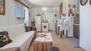 A compact living space with a sofa, a coffee table, a washing machine, a refrigerator, a microwave, and a dining area.