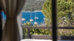 Une vue d’une zone côtière où des voiliers sont amarrés près du rivage, entourés de verdure et avec une colline en arrière-plan.