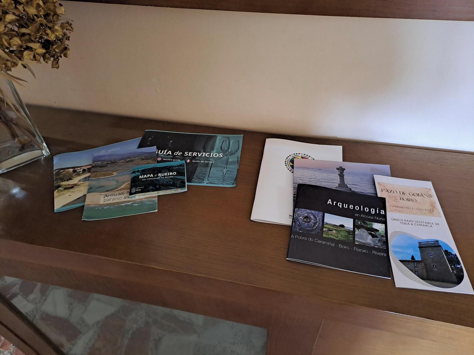 A wooden table with brochures and a glass vase.
