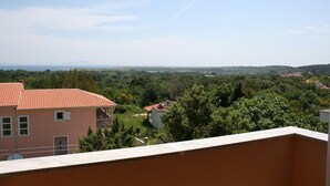Un balcón con vistas a una zona residencial, con casas y vegetación.