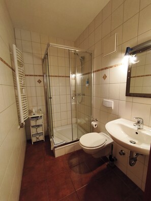 Dusche, Haartrockner, Handtücher, Seife