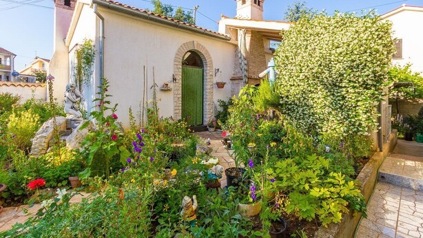 Un jardin avec différentes plantes et fleurs devant un bâtiment doté d’une porte verte et d’un mur en pierre.