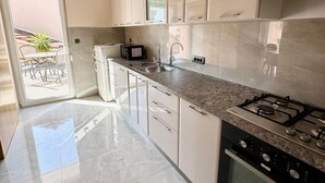 Una cocina moderna con estufa a gas, un lavamanos y un refrigerador.