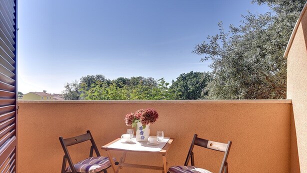 Un petit espace extérieur aménagé avec deux chaises et une table, un vase rempli de fleurs, et une vue dégagée sur les arbres et les bâtiments en arrière-plan.