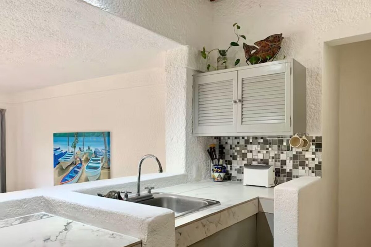 Una cocina con encimera de mármol, un lavabo, salpicadero de azulejos y un armario con una planta encima.