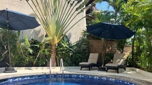 Piscina con sillas de descanso y sombrillas, rodeada de plantas tropicales.