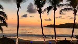 Escena de playa con palmeras y un atardecer.