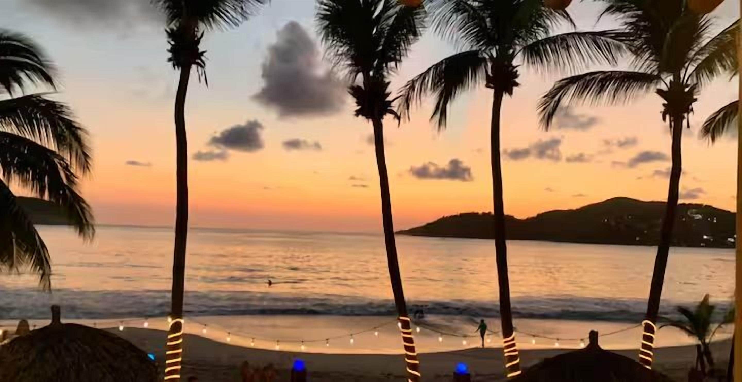 Una playa con palmeras y un atardecer.