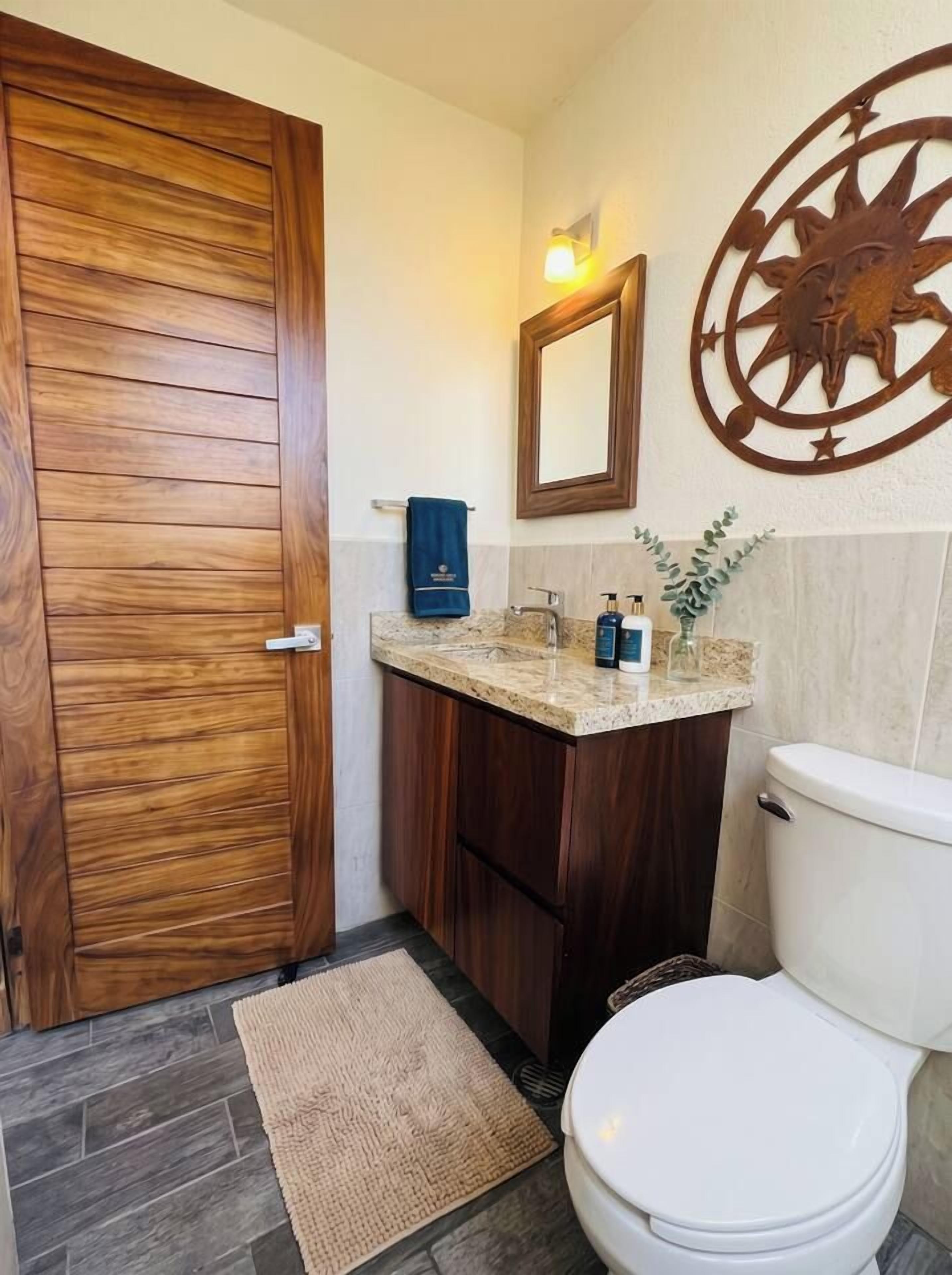 Une salle de bain avec une porte en bois, un lavabo avec un miroir, des toilettes et un élément décoratif mural.