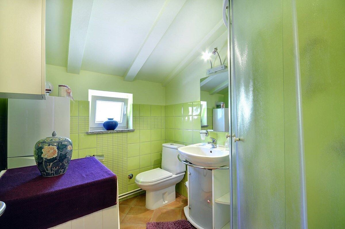 Une salle de bain avec un mur vert, des toilettes blanches, un lavabo blanc et un plan de toilette violet.