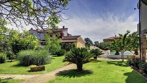 Un giardino curato con vialetto lastricato, una palma e zona piscina.