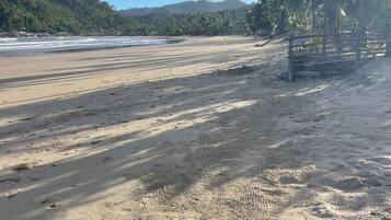 Una playa con huellas y una valla de madera.