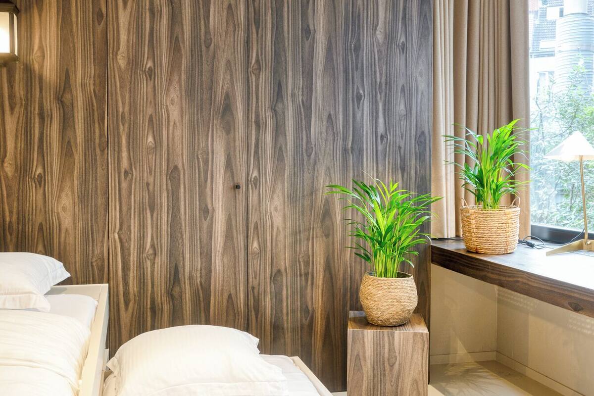 Un dormitorio moderno con una pared de acento de madera, una cama con ropa blanca y dos macetas con plantas en el alféizar de una ventana.