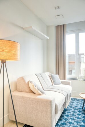 Apartamento Deluxe, 1 cama de matrimonio con sofá cama | Zona de estar | Televisión de pantalla plana de 40 pulgadas con canales digitales