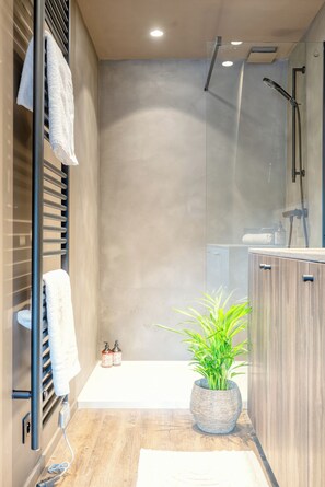 Apartamento Premium, 1 cama de matrimonio con sofá cama, entresuelo | Baño | Secador de pelo, toallas, jabón y champú