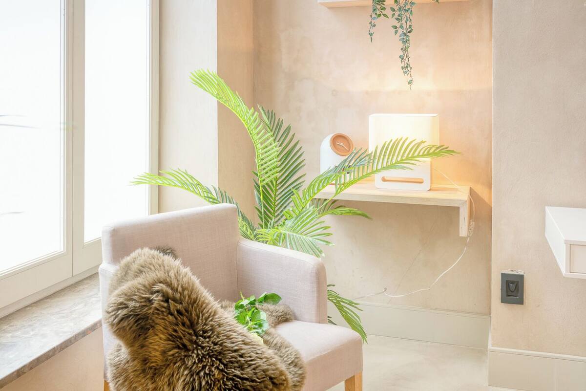 Una habitación moderna con un ventanal grande, un sillón con un plaid de piel sintética, y una estantería en la pared con plantas y un reloj.