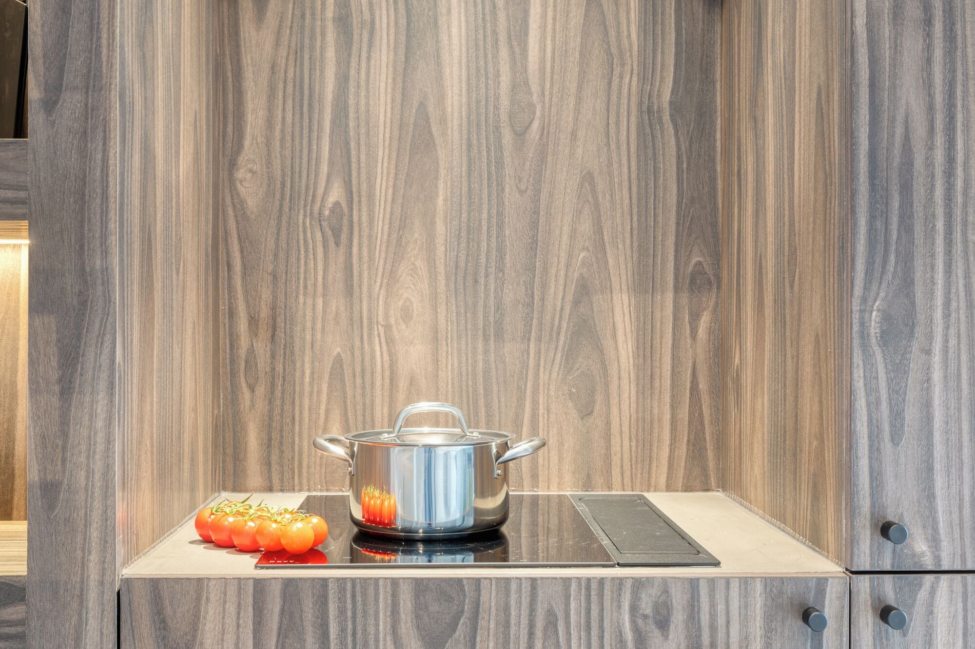 Une cuisine avec un pare-feu en bois, une casserole en acier inoxydable sur une plaque de cuisson à induction et quelques tomates posées sur le plan de travail.
