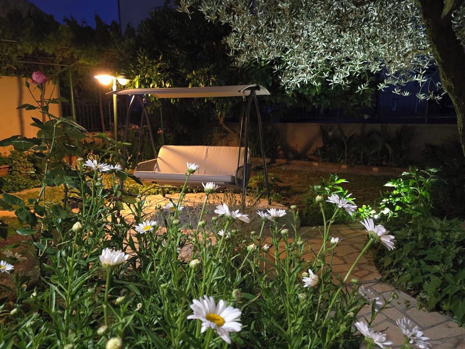 Un jardin avec une balançoire, un lampadaire et un banc.