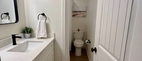A narrow bathroom with a white sink, a mirror, and a toilet.