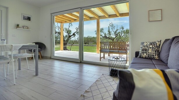 Un salon moderne comprenant un canapé, une table à manger avec des chaises et une porte-fenêtre coulissante donnant sur une terrasse extérieure agrémentée d’une pergola en bois.