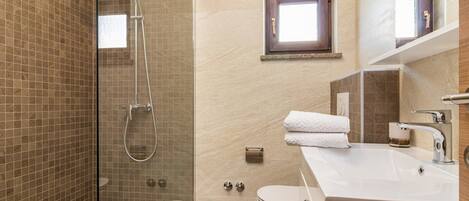 A modern bathroom with a glass-enclosed shower, a toilet, and a sink with a mirror above it.