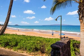 A beach with palm trees, a clear sky, and a calm sea. - Oceanfront Hale Hui Kai 313 Large Lanai, AC, Incredible Views on Keawakapu Beach (Kihei)