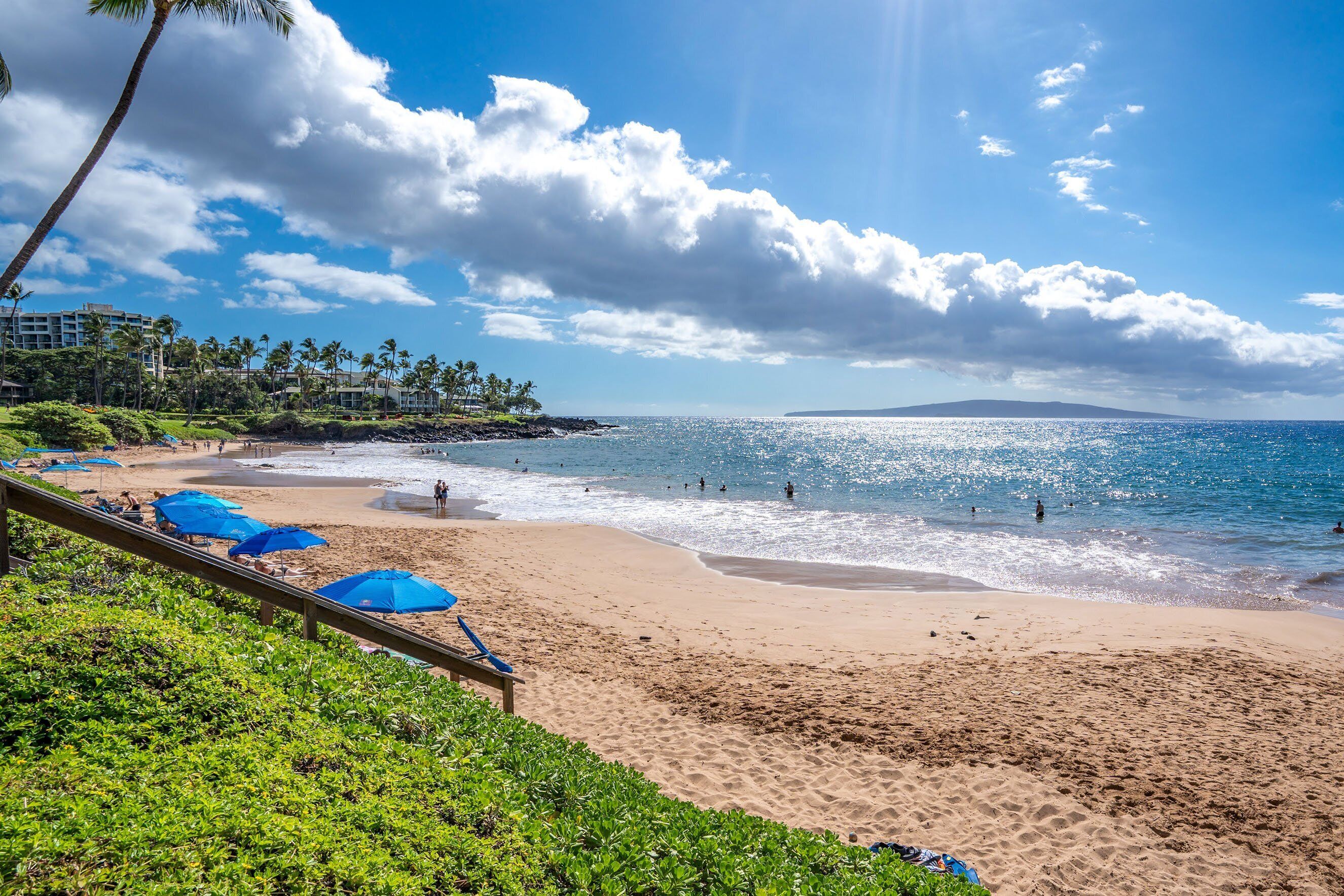 A beach with blue umbrellas, a sandy shore, and a clear blue sky.