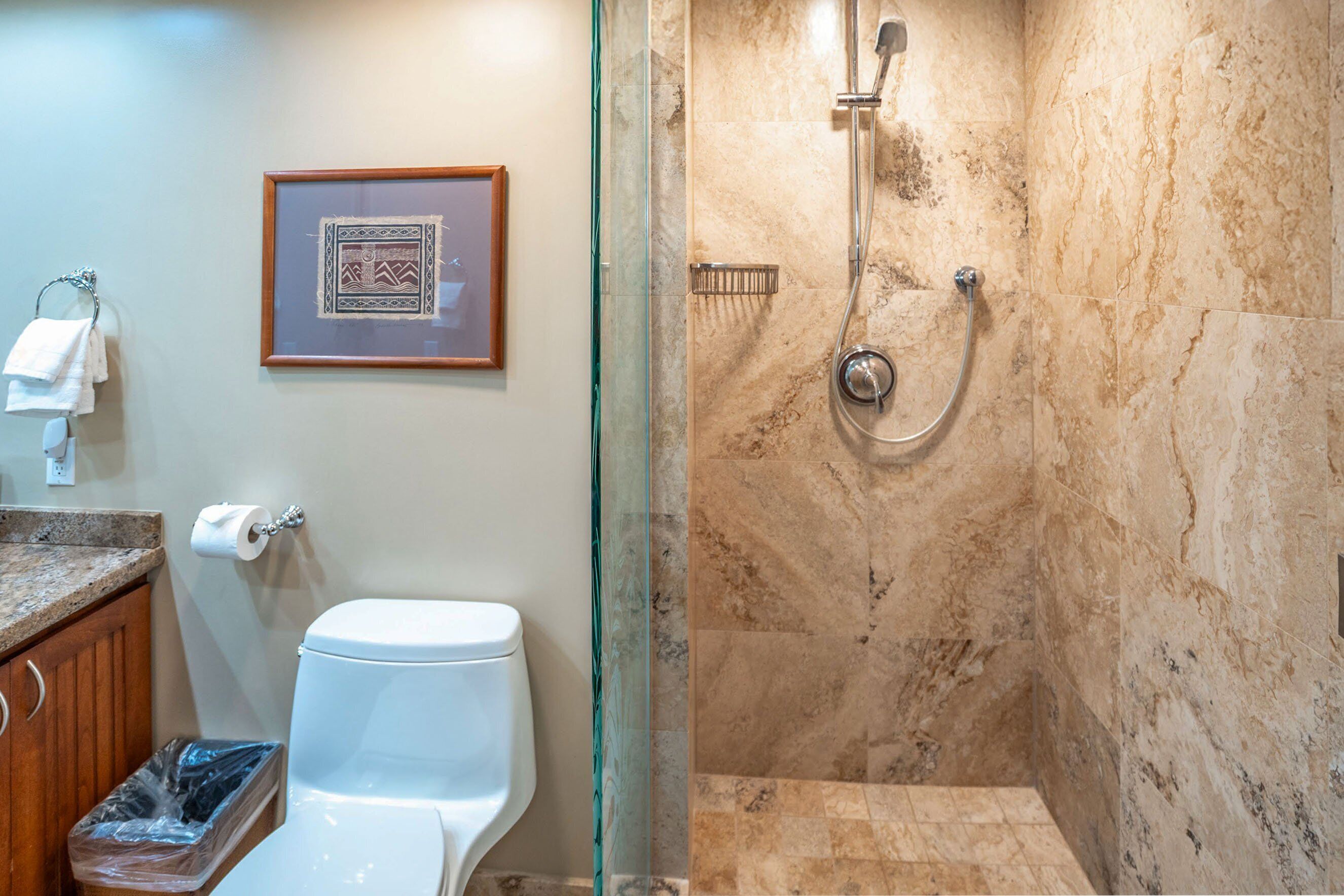 Un baño con inodoro, un cuadro en la pared, ducha con puerta de vidrio y suelo de mármol.
