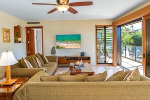 Condo, Multiple Beds, Balcony, Ocean View (Wailea Elua Village 805) | Living area - Wailea Elua 805 - 3-bedroom Ocean View Luxury Condo in the Heart of Wailea, Maui (Kihei)