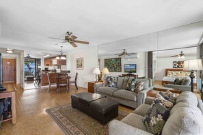 Condo, Multiple Beds, Balcony, Ocean View (Lauloa 410) | Living area - Lauloa 410 - Top Floor, Oceanfront Lanai, Molokini & Halaeakala Views, Split A/C (Wailuku)