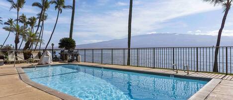 A swimming pool with a view of the ocean and palm trees.