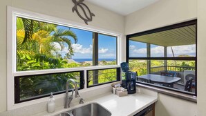 Eine Küche mit einem großen Fenster und Blick auf Palmen und das Meer.