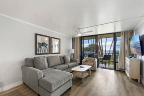 Condo, Multiple Beds, Balcony, Ocean View (Kanai A Nalu 209) | Living area - Experience Oceanfront Luxury at Kanai A Nalu 209, a Spacious 2-bd/2ba Condo, AC! (Wailuku)
