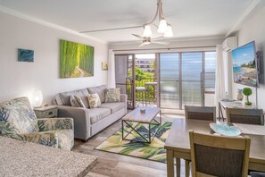 Condo, 1 King Bed with Sofa bed, Balcony, Partial Ocean View (Kihei Akahi C-411) | Living area - Kihei Akahi C-411 - Modern Top to Bottom Remodel, Split-ac, Across From Kam II (Kihei)