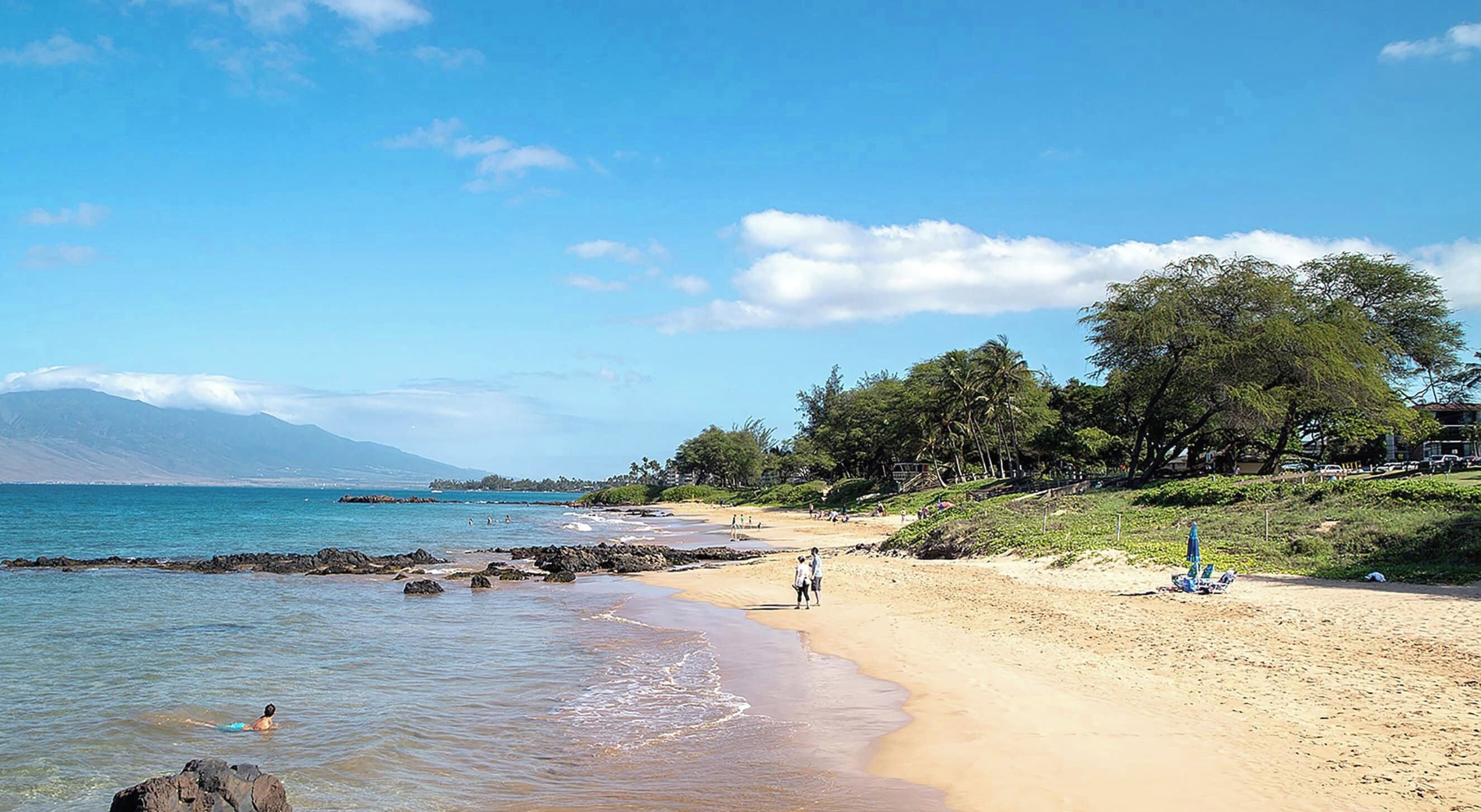 Une plage avec un ciel dégagé, une eau calme et quelques personnes se promenant le long du rivage.