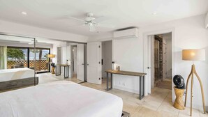 Habitació d'hotel moderna amb un llit gran, un escriptori i un ventilador. Es veu el mar per la finestra.