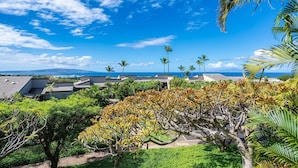 A residential area with multiple houses, palm trees, and a clear view of the ocean. - Dramatic Ocean Views, Wailea Ekolu 407, Perfect for Couples, Renovated, Split AC (Kihei)