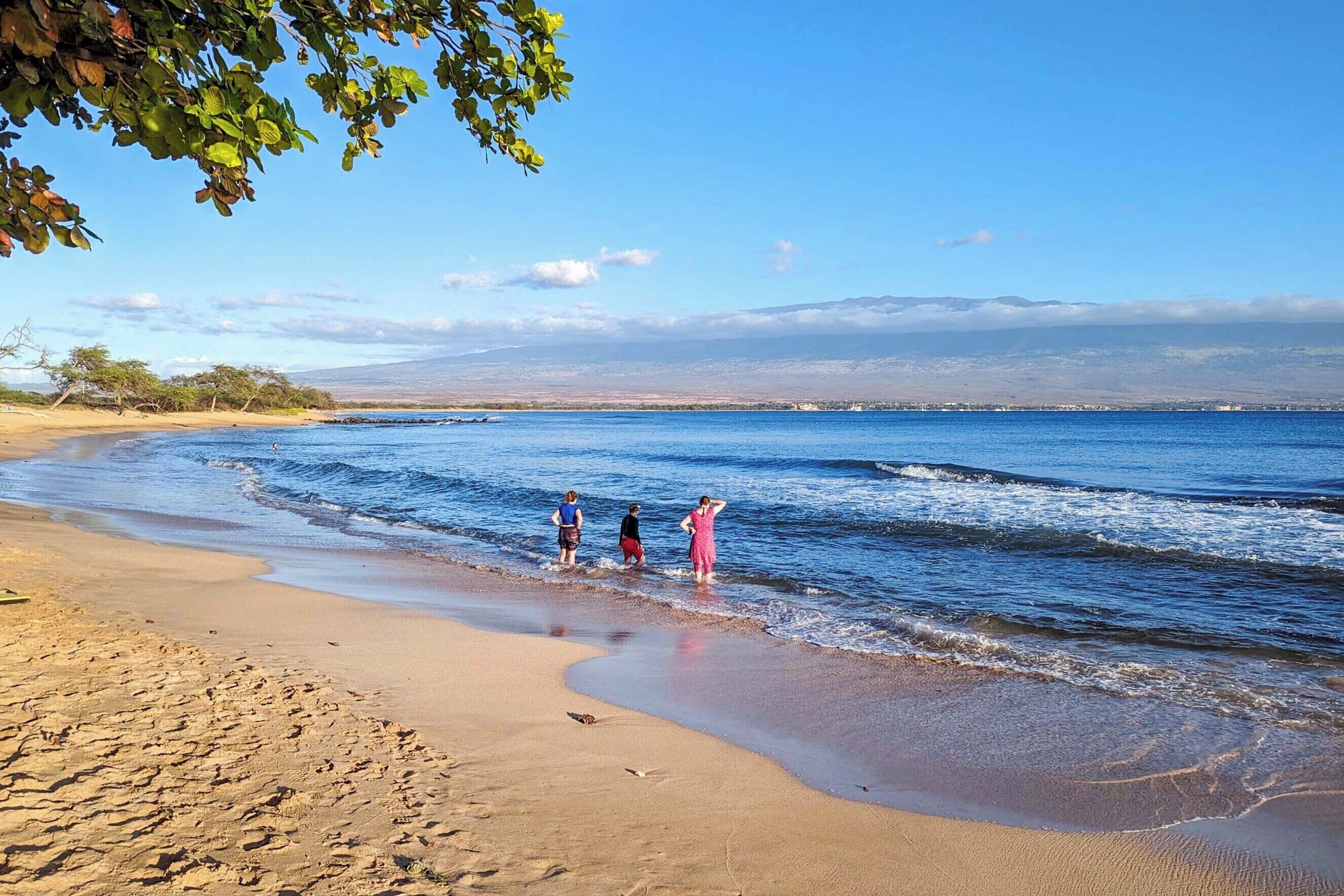 Una playa con tres personas de pie en aguas poco profundas, una orilla arenosa y una cadena montañosa distante bajo un cielo despejado.