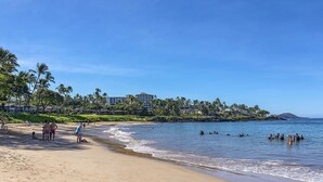 A beach with palm trees, a clear sky, and a building in the background. - Wailea Ekolu 1514 - Ocean Views, Private Lanais, Spacious 2-story in Beautiful Wailea (Kihei)