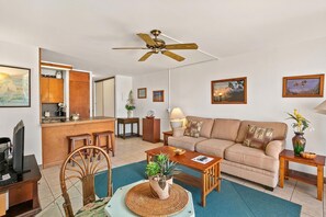 Condo, 1 Queen Bed with Sofa bed, Balcony, Ocean View (Maui Vista 3-102) | Living area - Maui Vista 3-102 - Updated, Ground Level, Steps to the Pool, Walk to Everything! (Kihei)