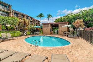 A hotel pool area with lounge chairs, a pool, and a building in the background. - Maui Vista 3-102 - Updated, Ground Level, Steps to the Pool, Walk to Everything! (Kihei)