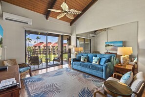 Condo, Multiple Beds, Balcony, Ocean View (Kamaole Sands 7-406) | Living area - Kamaole Sands 7-406 - Courtyard and Ocean Views - Stunning Renovation - Split AC (Kihei)