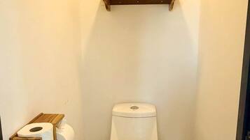 A small bathroom with a toilet, a shelf with a vase, and a roll of toilet paper.