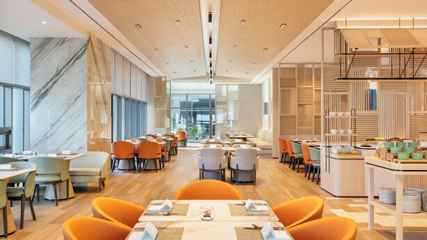 A modern dining area with multiple tables and chairs, a marble wall, and a ceiling with a unique design. - Hyatt Place Busan Yeonsan (Busan)