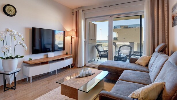 A modern living room with a flat-screen TV, a sofa, a coffee table, and a potted plant. - Apartment Beach (74259-A1) - Medulin (Medulin)