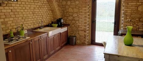 Fridge, microwave, dishwasher, cookware/dishes/utensils